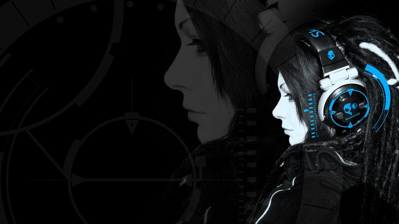 person with headphones and digital overlay