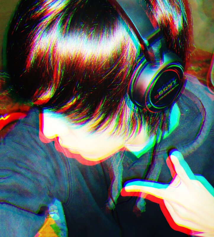 person with headphones and glitch effect