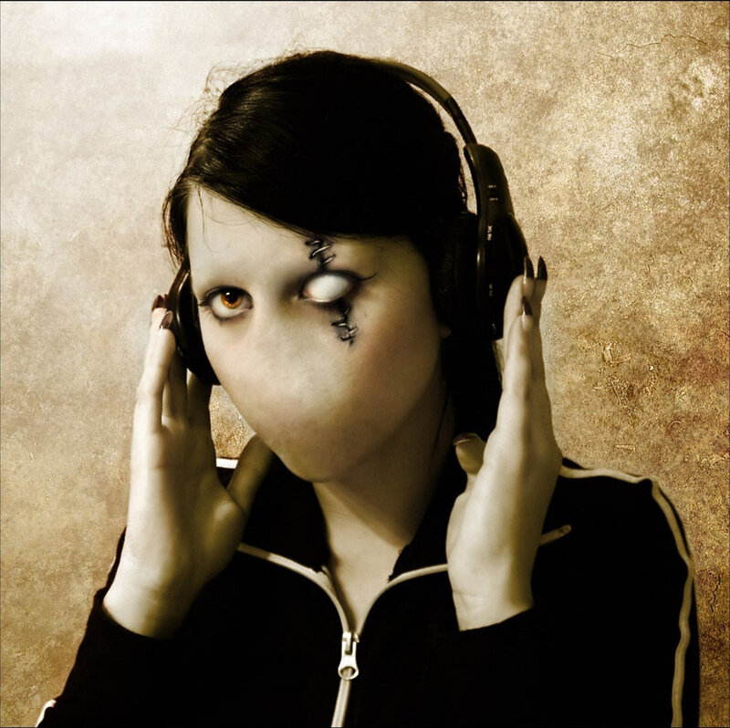 person with headphones and makeup