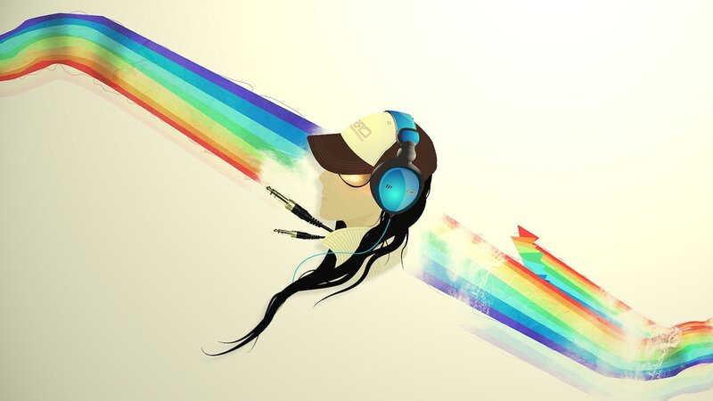 person with headphones and rainbow