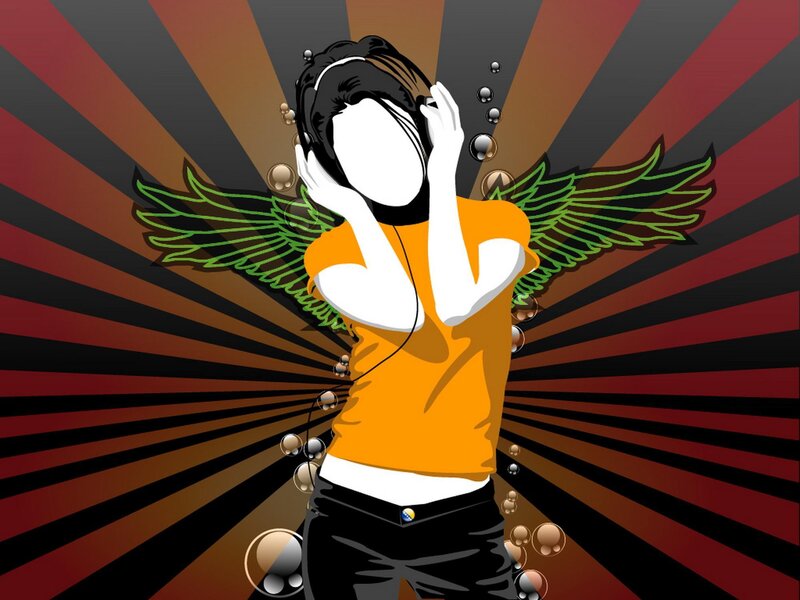 person with headphones and wings