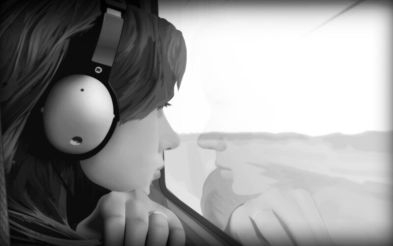 Person with Headphones — Black, Contemplative, Digital Art