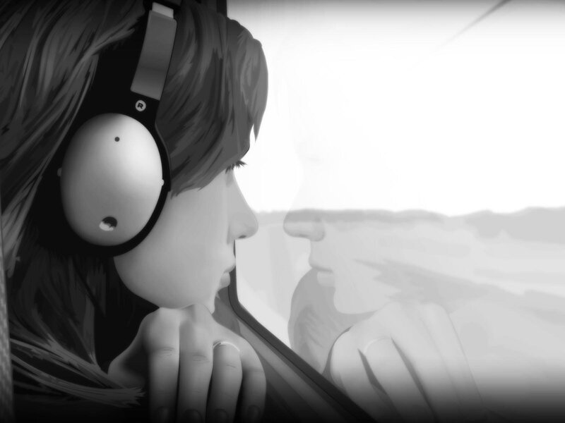 Person with Headphones — Black, Contemplative, Digital Art, Window, Reflection