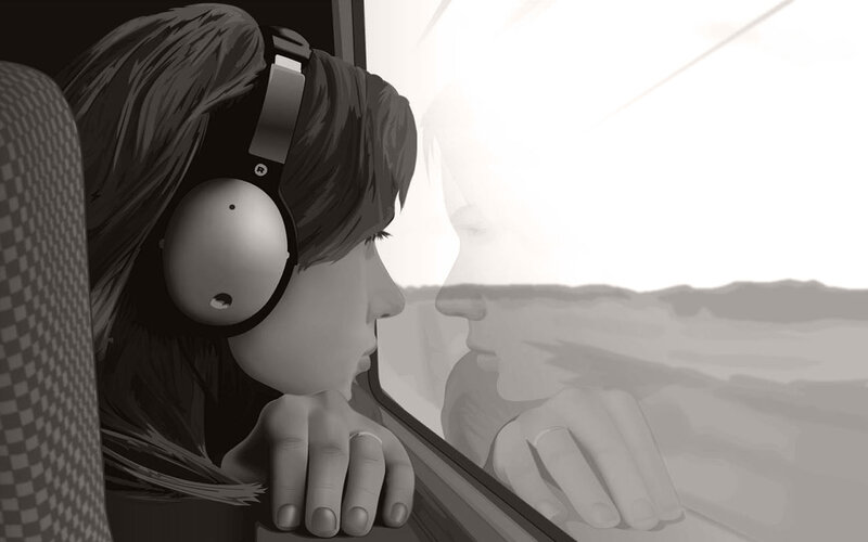 Person with Headphones — Black, Contemplative, Digital Art, Window