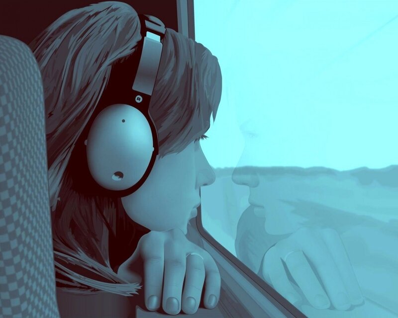 Person with Headphones — Blue, Contemplative, Digital Art, Window, Hand
