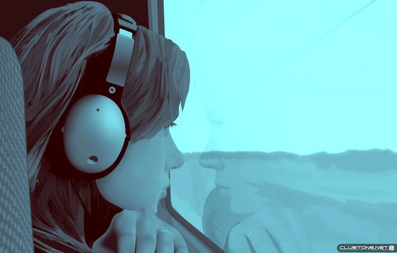 person with headphones looking out window