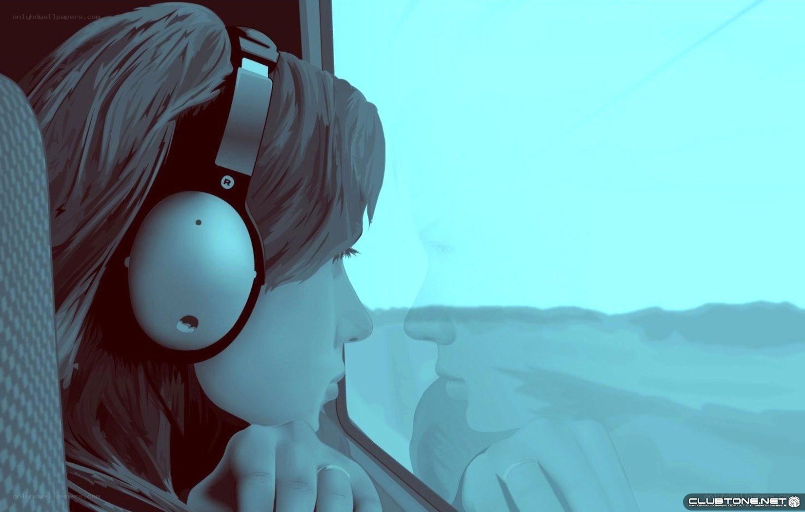 person with headphones looking out window