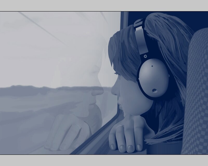 person with headphones on train