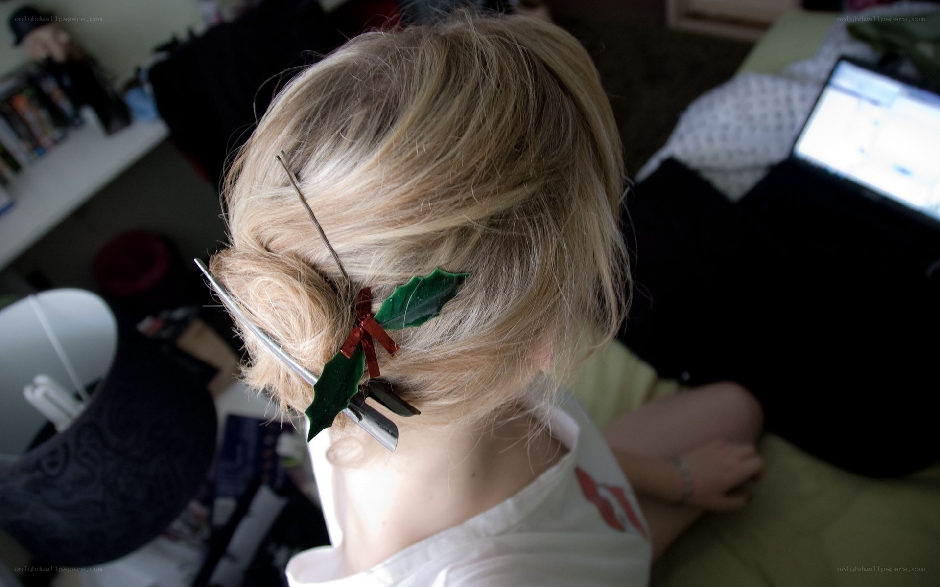 person with holiday hair accessory