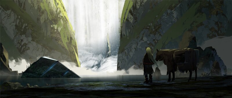 Person with Horse at Waterfall