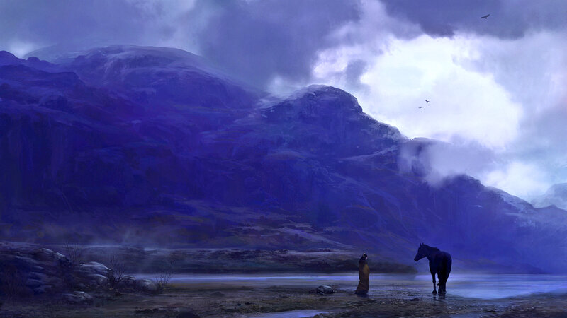 Person with Horse by Lake