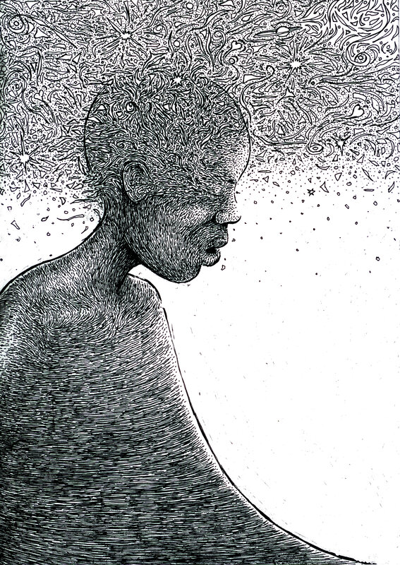 person with intricate head patterns