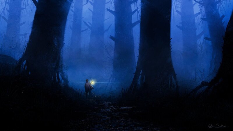 Person with Lantern in Forest — Blue