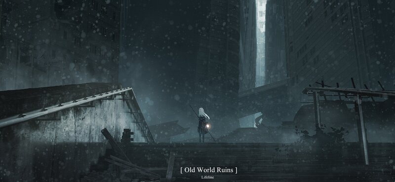 Person with Lantern in Ruins — Gray