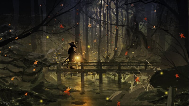 Person with Lantern on Bridge