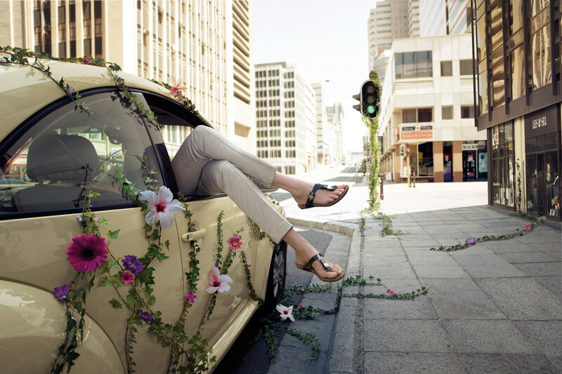 Person with Legs Out Car Window — Beige
