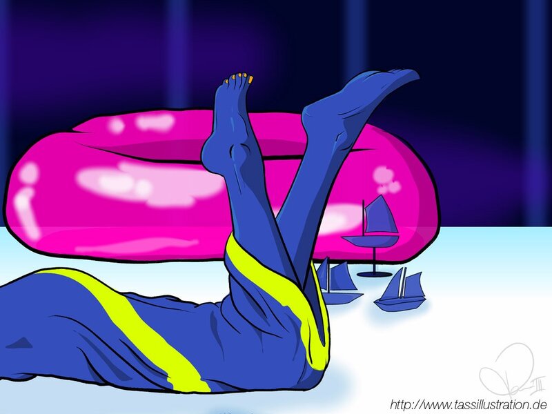 person with legs up on float