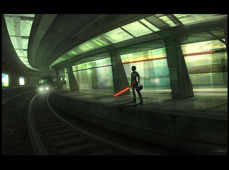 Person with lightsaber at subway station
