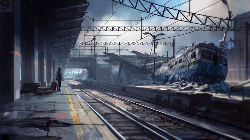 Person with Luggage at Station — Blue
