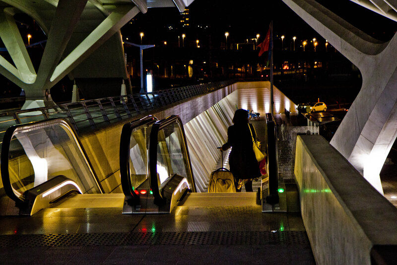 Person with Luggage on Escalator