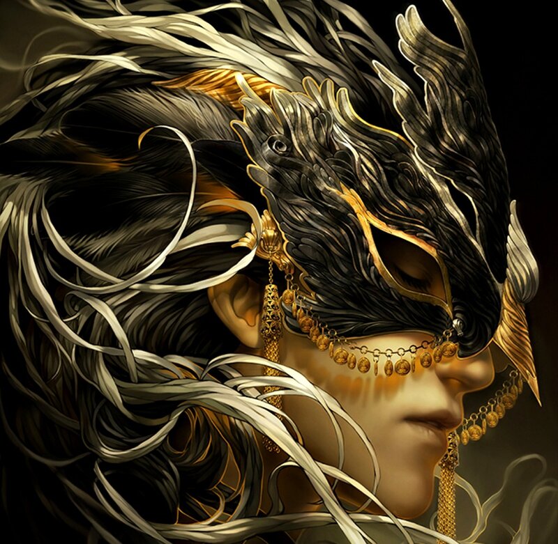 Person with Mask and Feathers