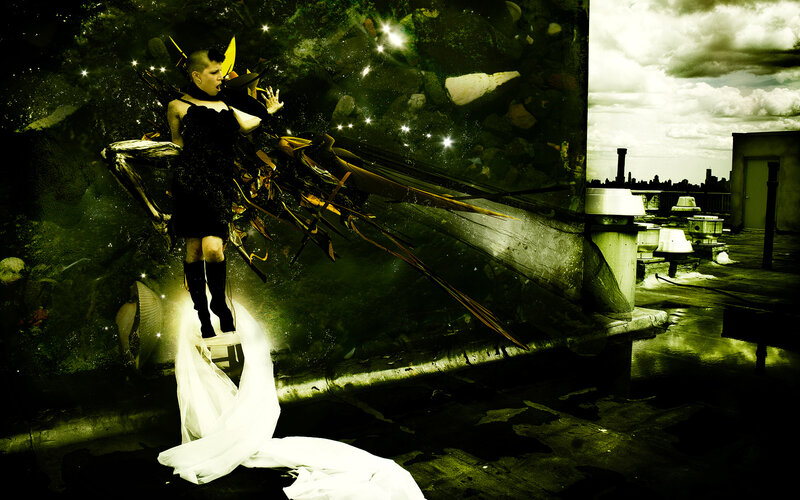 person with mechanical wings on rooftop