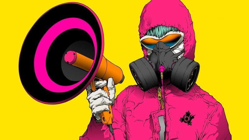 person with megaphone and gas mask