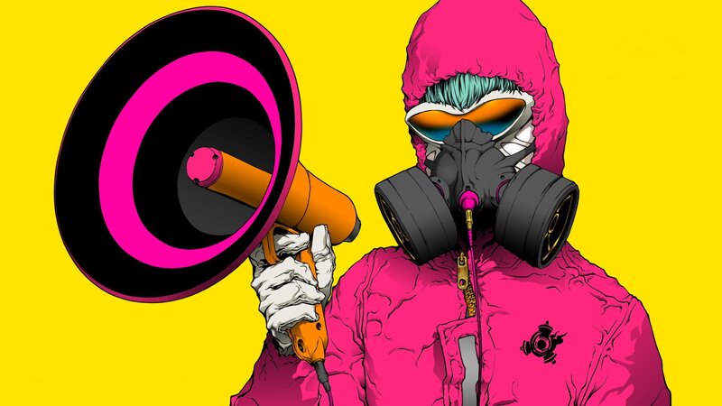 person with megaphone in pink suit
