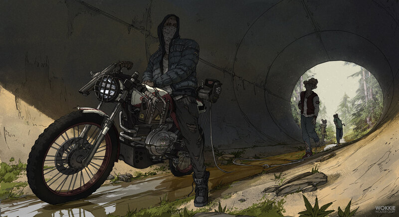 Person with Motorcycle — Gray, Dramatic