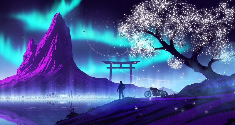Person with Motorcycle — Purple, Serene
