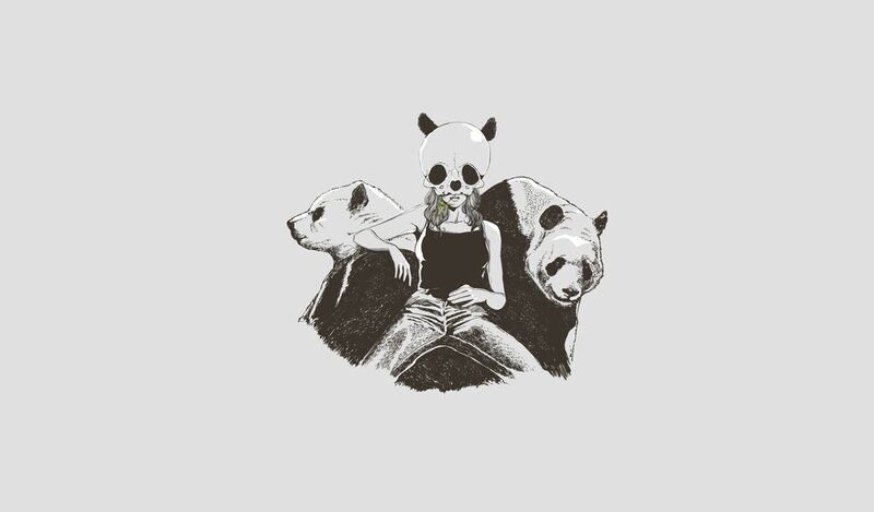 person with panda skull and bears