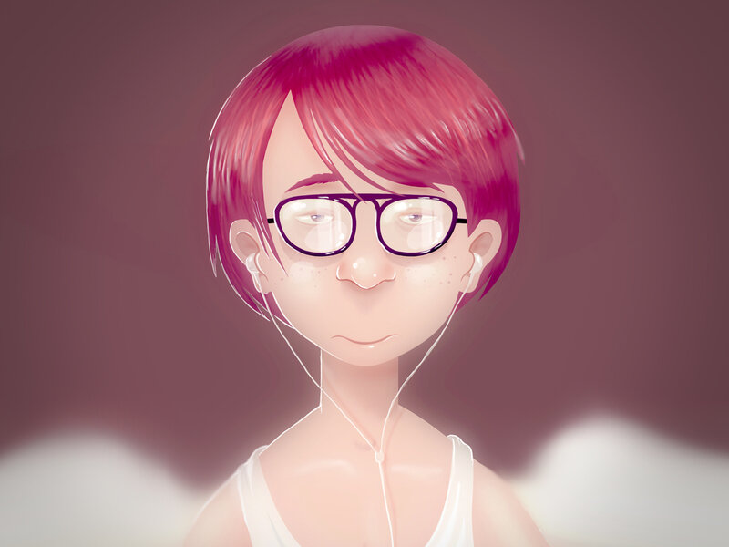 person with pink hair and glasses