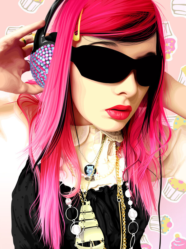 person with pink hair and headphones