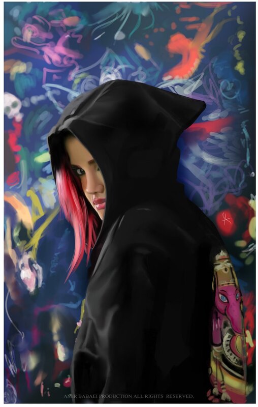 Person with Pink Hair — Black, Dramatic, Digital Art