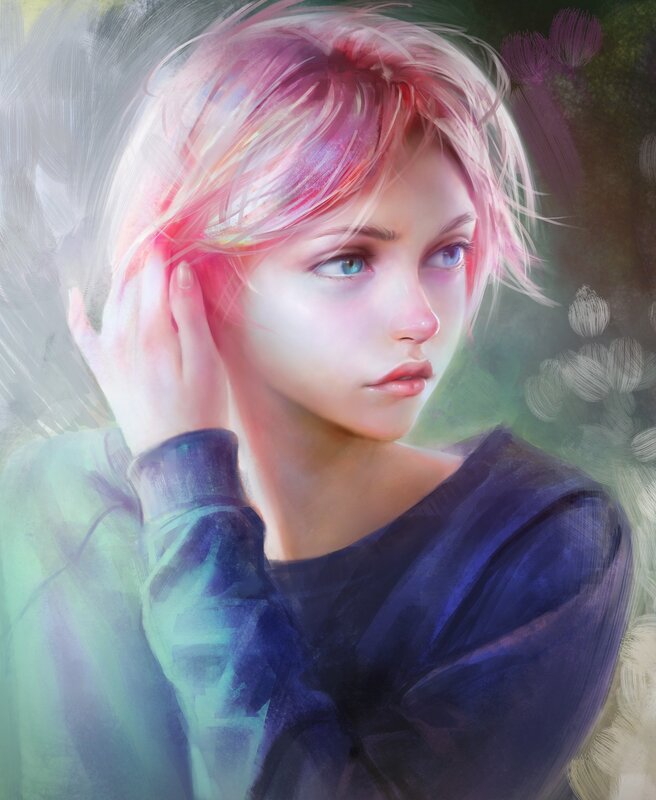 Person with Pink Hair — Contemplative