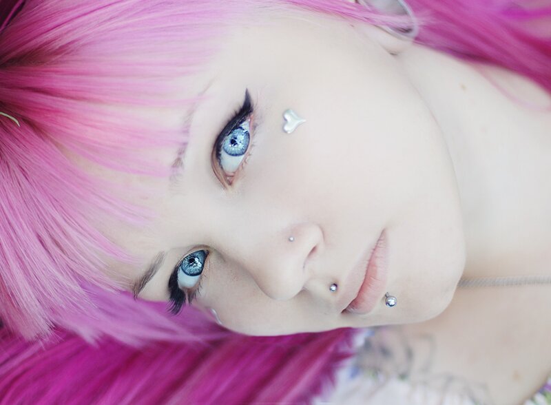 Person with Pink Hair — Dramatic, Photograph, Piercings