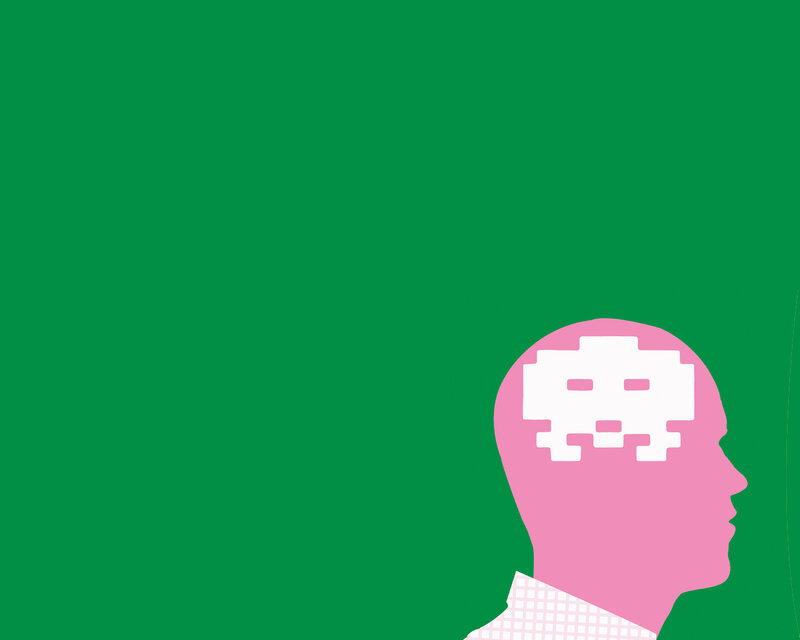 person with pixelated alien head