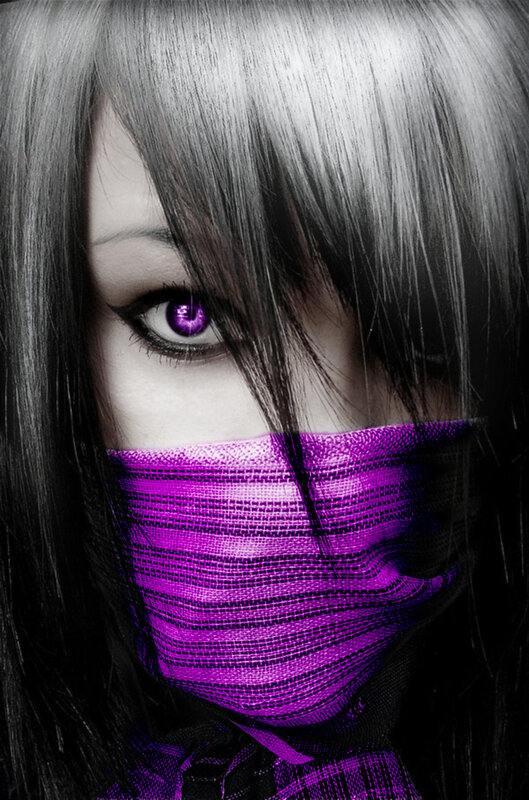 person with purple eyes and mask