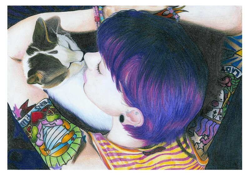 person with purple hair and cat