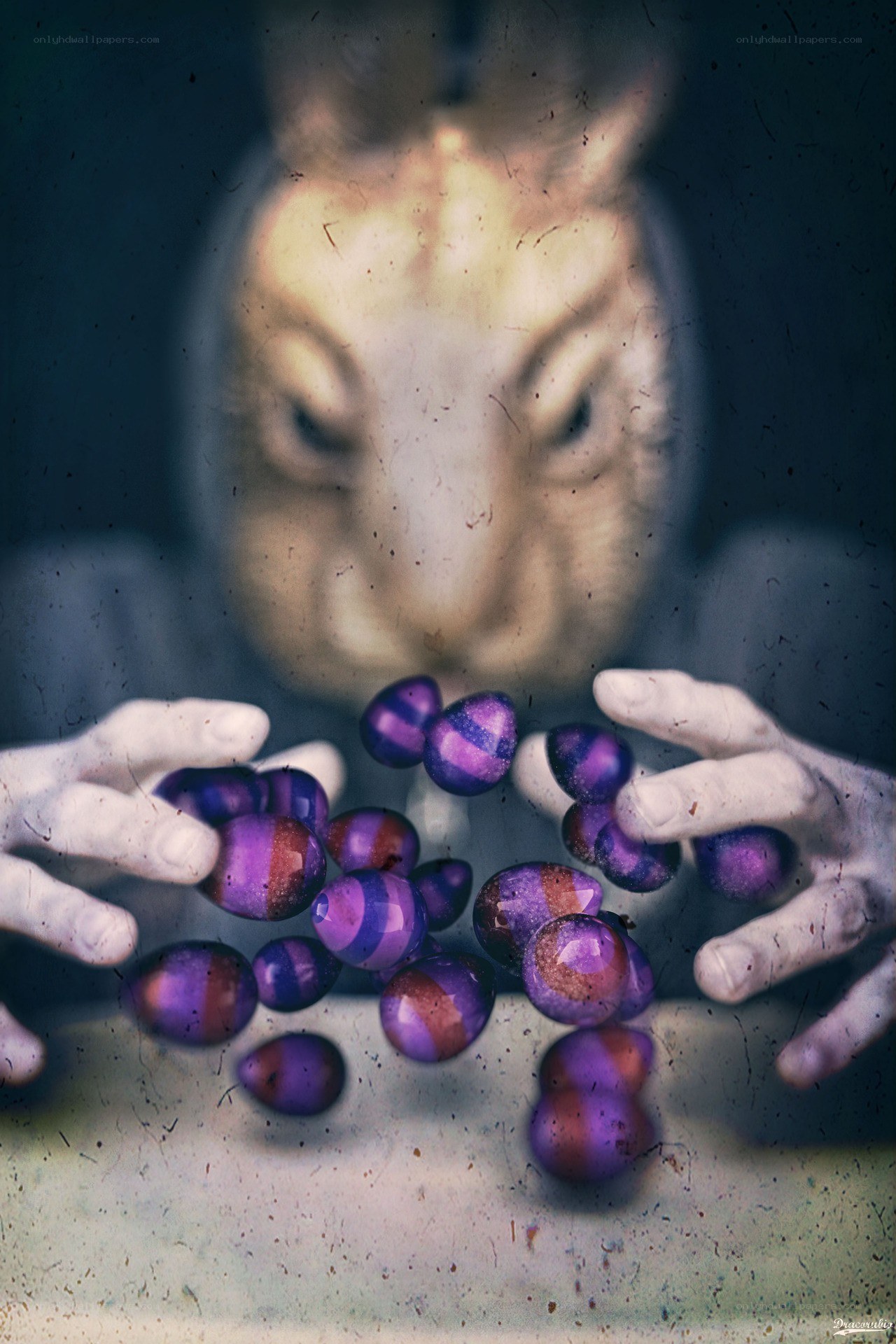person with rabbit mask holding eggs