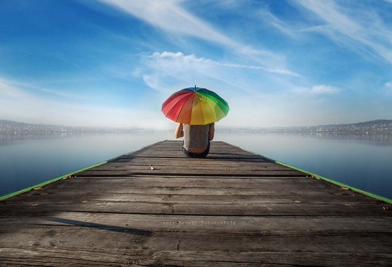 Person with Rainbow Umbrella — Blue, Serene