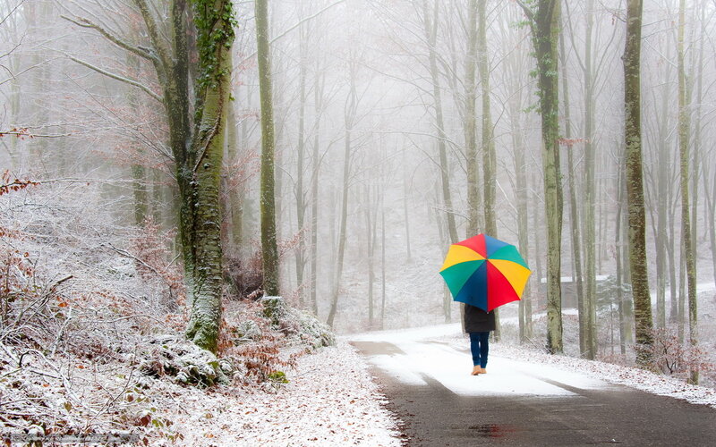Person with Rainbow Umbrella — White, Serene