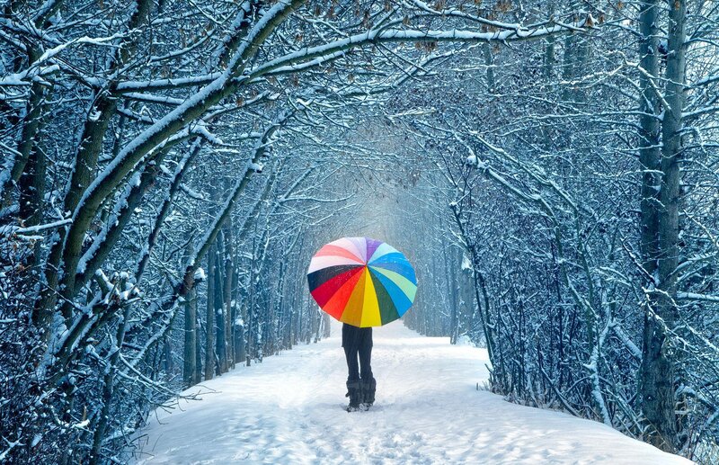Person with Rainbow Umbrella — White