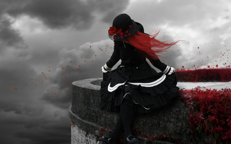 Person with Red Hair — Black, Dramatic, Digital Art, Hat, Dress