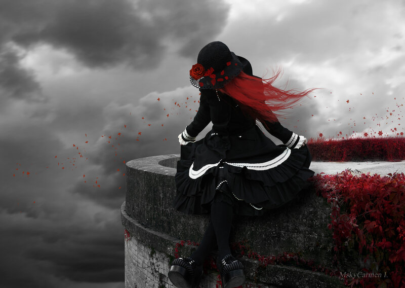 Person with Red Hair — Black, Dramatic, Digital Art, Hat