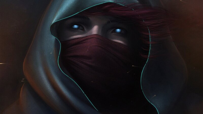 Person with Red Hair — Black, Dramatic, Digital Art, Hoodie, Mask, Glowing Eyes, Blue