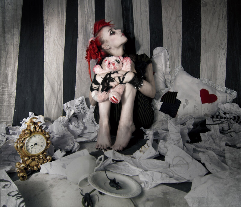 Person with Red Hair — Black, Dramatic, Photograph, Stuffed Animal, Clock