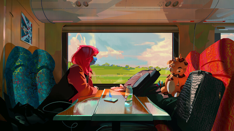 Person with Red Hood on Train