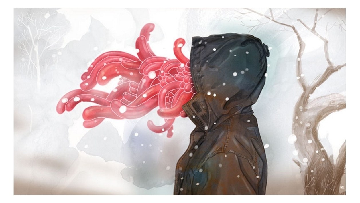 person with red tentacles in snow