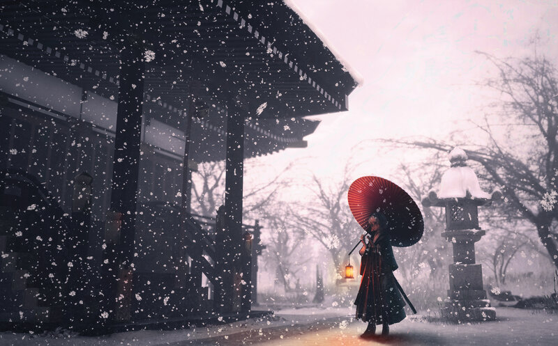 Person with Red Umbrella — Black, Serene